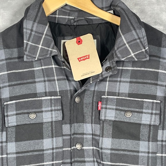 Levi's Quilted Lined Snap Zip Flannel Shacket Mens Large L Gray Plaid Jacket - Picture 2 of 12